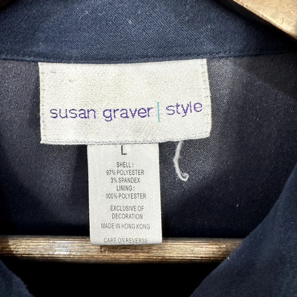 Susan Graver Button Up Shirt Floral Embroidered Blue Long Sleeve Boho Size Large - Picture 2 of 5